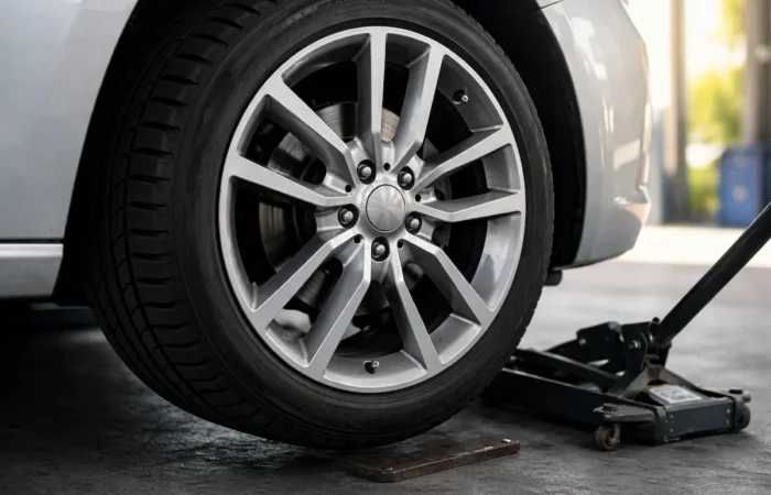 Close-up of a car tire being lifted with a jack during tire repair, showing alloy wheel and maintenance process in a garage setting.