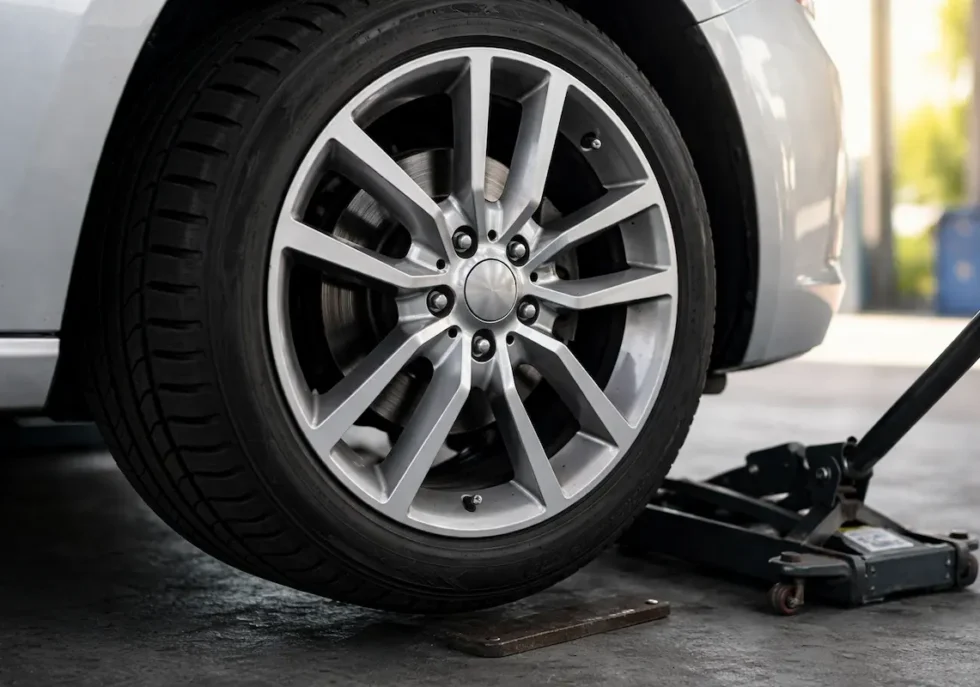 Close-up of a car tire being lifted with a jack during tire repair, showing alloy wheel and maintenance process in a garage setting.
