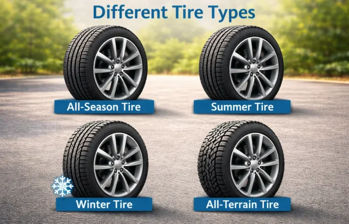 Infographic showing different tire type options including all-season, summer, winter, and all-terrain tires with distinct tread patterns for various driving conditions.