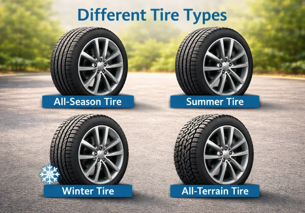 Infographic showing different tire type options including all-season, summer, winter, and all-terrain tires with distinct tread patterns for various driving conditions.