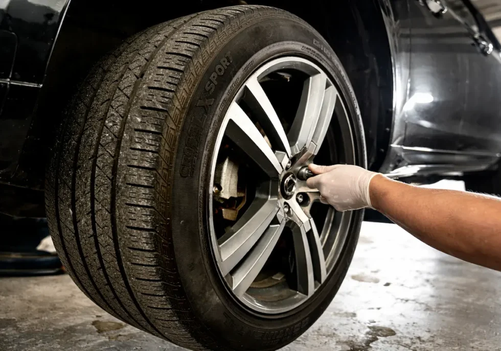 Mechanic tightening lug nuts on car wheel during tire maintenance service in professional auto repair shop