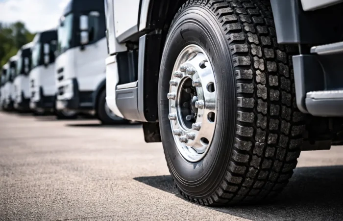 Close-up of a commercial fleet tire on a heavy-duty truck, highlighting deep tread design and durability in a fleet parking area.