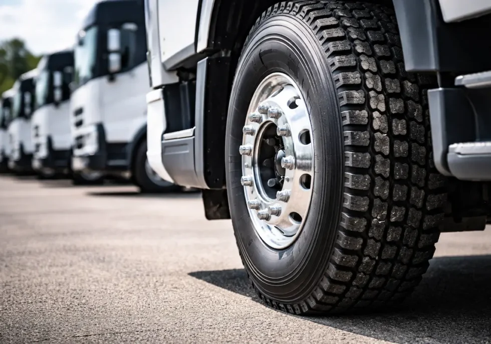 Close-up of a commercial fleet tire on a heavy-duty truck, highlighting deep tread design and durability in a fleet parking area.