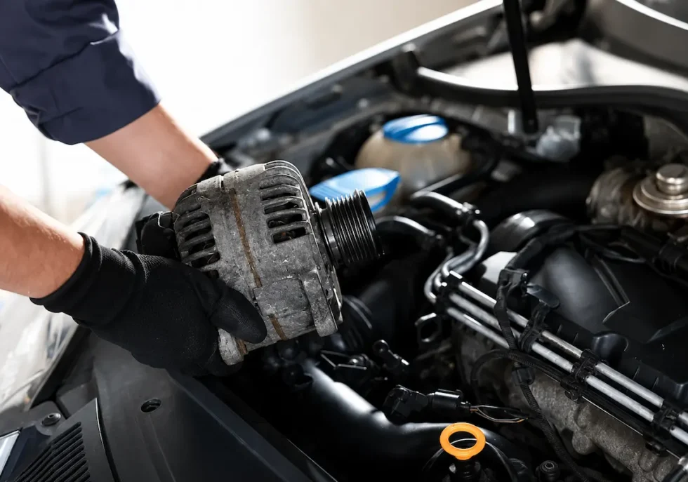 Mechanic performing alternator repair by holding a replacement alternator inside a modern car engine bay during vehicle maintenance.
