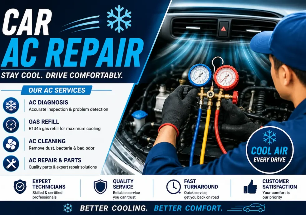 Expert auto AC repair service poster featuring refrigerant gauges and vehicle air conditioning repair.