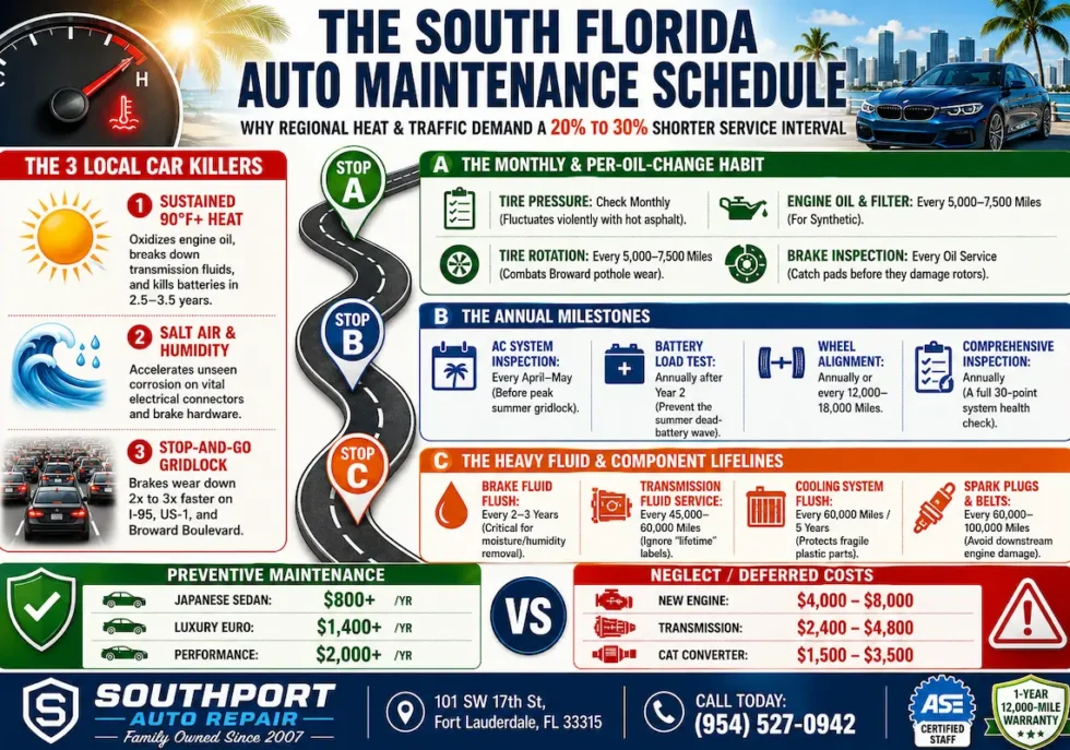 The South Florida auto maintenance schedule infographic by Southport Auto Repair detailing 3 local climate car killers, essential mileage milestones for oil, brakes, and fluids, plus a cost comparison of preventive care versus deferred engine repairs.