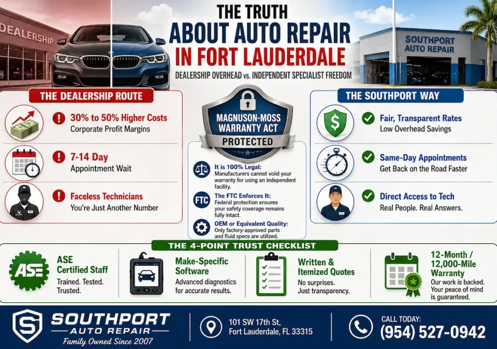 Comparison infographic by Southport Auto Repair showing dealership route costs versus independent auto repair Fort Lauderdale pricing, Magnuson-Moss Warranty Act consumer protections, and a 4-point trust checklist.