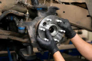 Technician performing wheel bearing replacement by installing a new wheel hub assembly on a vehicle
