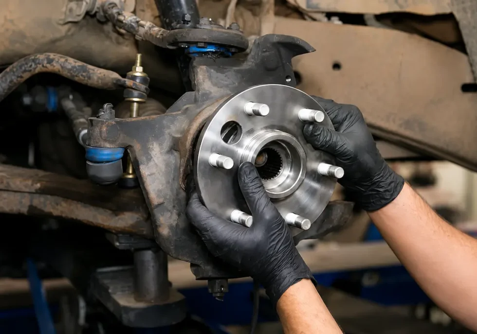 Technician performing wheel bearing replacement by installing a new wheel hub assembly on a vehicle