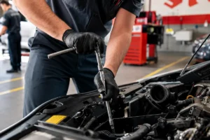 Mechanic performing an engine tune up by servicing components inside a vehicle engine bay