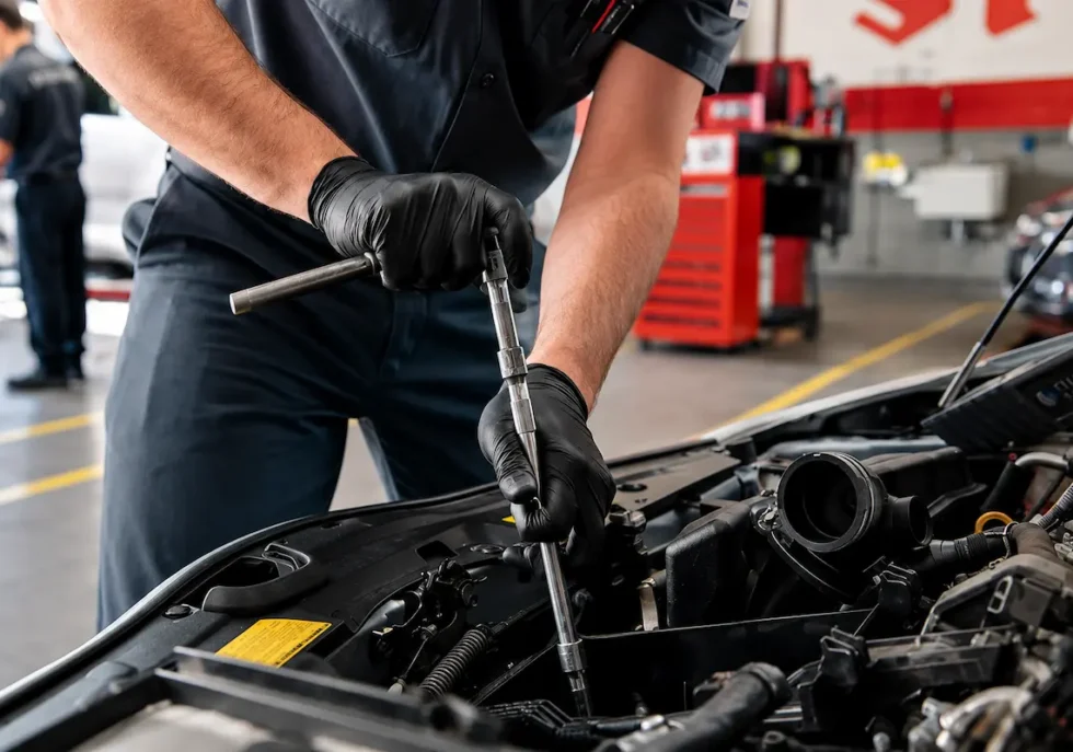 Mechanic performing an engine tune up by servicing components inside a vehicle engine bay
