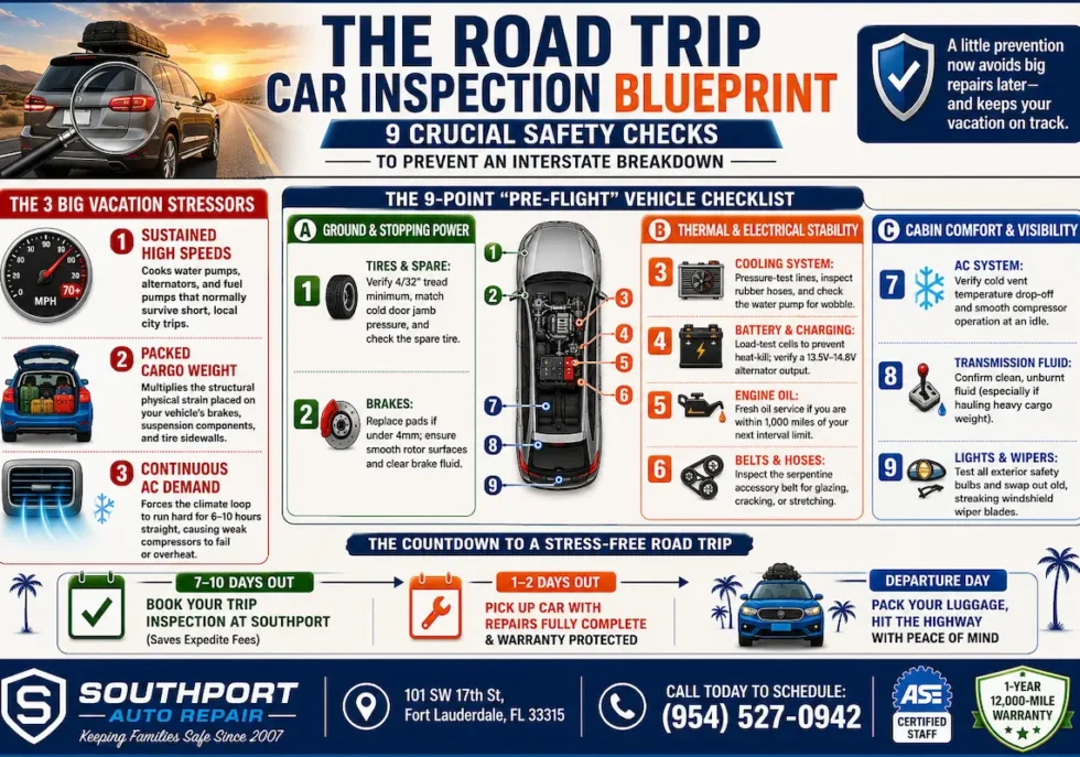 The road trip car inspection blueprint infographic by Southport Auto Repair outlining 3 vacation stressors, a 9-point pre-flight vehicle checklist for brakes, fluids, and tires, plus a countdown timeline for vacation preparation.