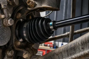 Close-up of a new CV axle replacement installed on a vehicle drivetrain system
