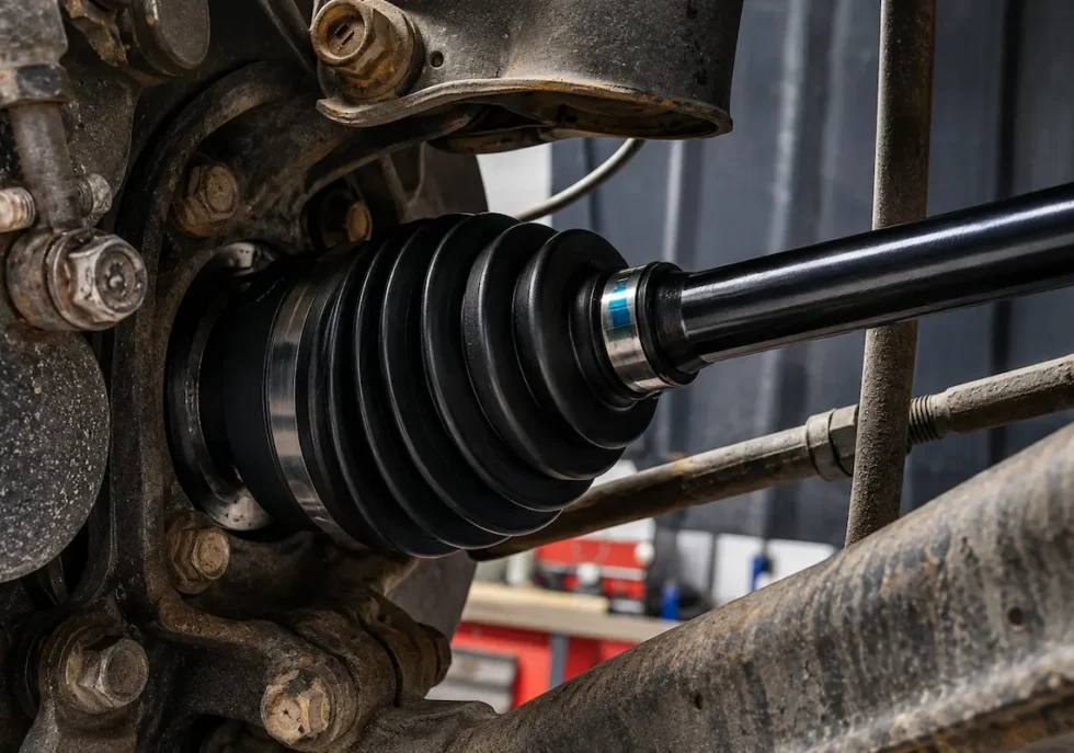 Close-up of a new CV axle replacement installed on a vehicle drivetrain system