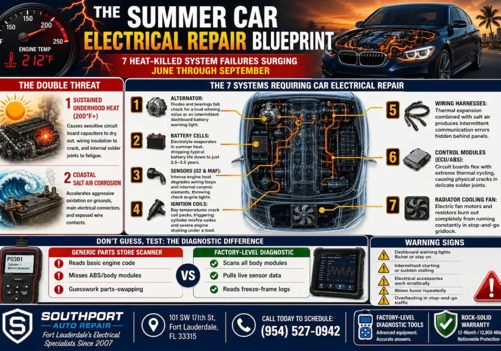 The summer car electrical repair blueprint infographic by Southport Auto Repair outlining 7 heat-killed system failures, a diagnostic scanner comparison chart, climate warning signs, and local contact details in Fort Lauderdale.