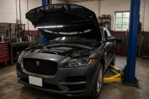 Jaguar F-Pace on a lift receiving expert Jaguar repair Fort Lauderdale service at Southport Auto Repair