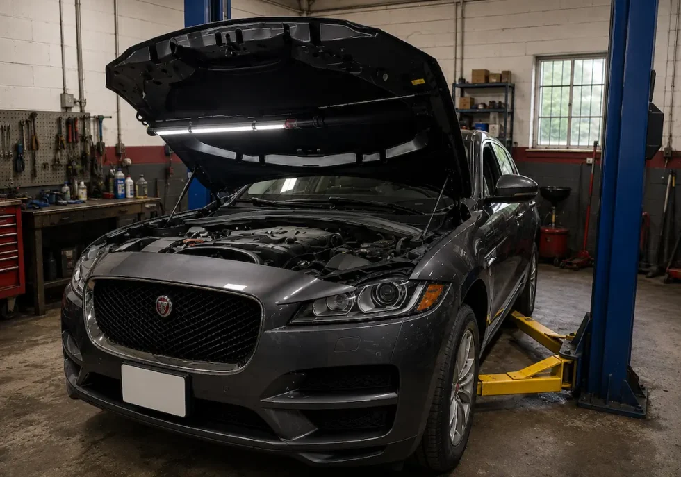Jaguar F-Pace on a lift receiving expert Jaguar repair Fort Lauderdale service at Southport Auto Repair