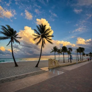 Hollywood Florida beach Broadwalk with palm trees at sunset