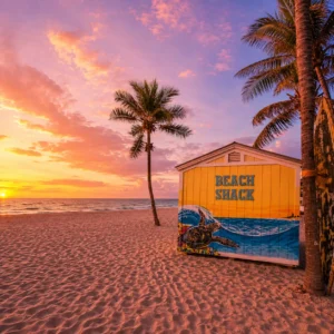 Hollywood Florida beach shack and sea turtle mural at sunset