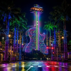 Guitar Hotel illuminated at night near Hollywood Florida