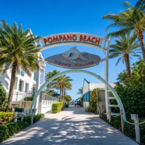 Fishing Village entrance in Pompano Beach FL near local shops, restaurants and waterfront attractions