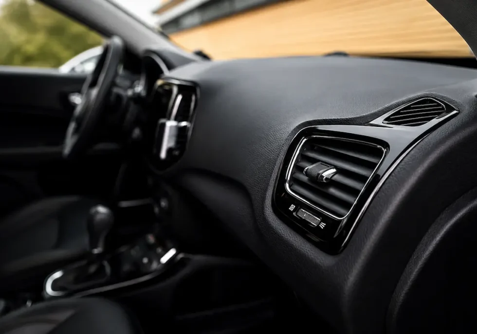 Close-up of a car AC vent and dashboard showing the vehicle air conditioning system.